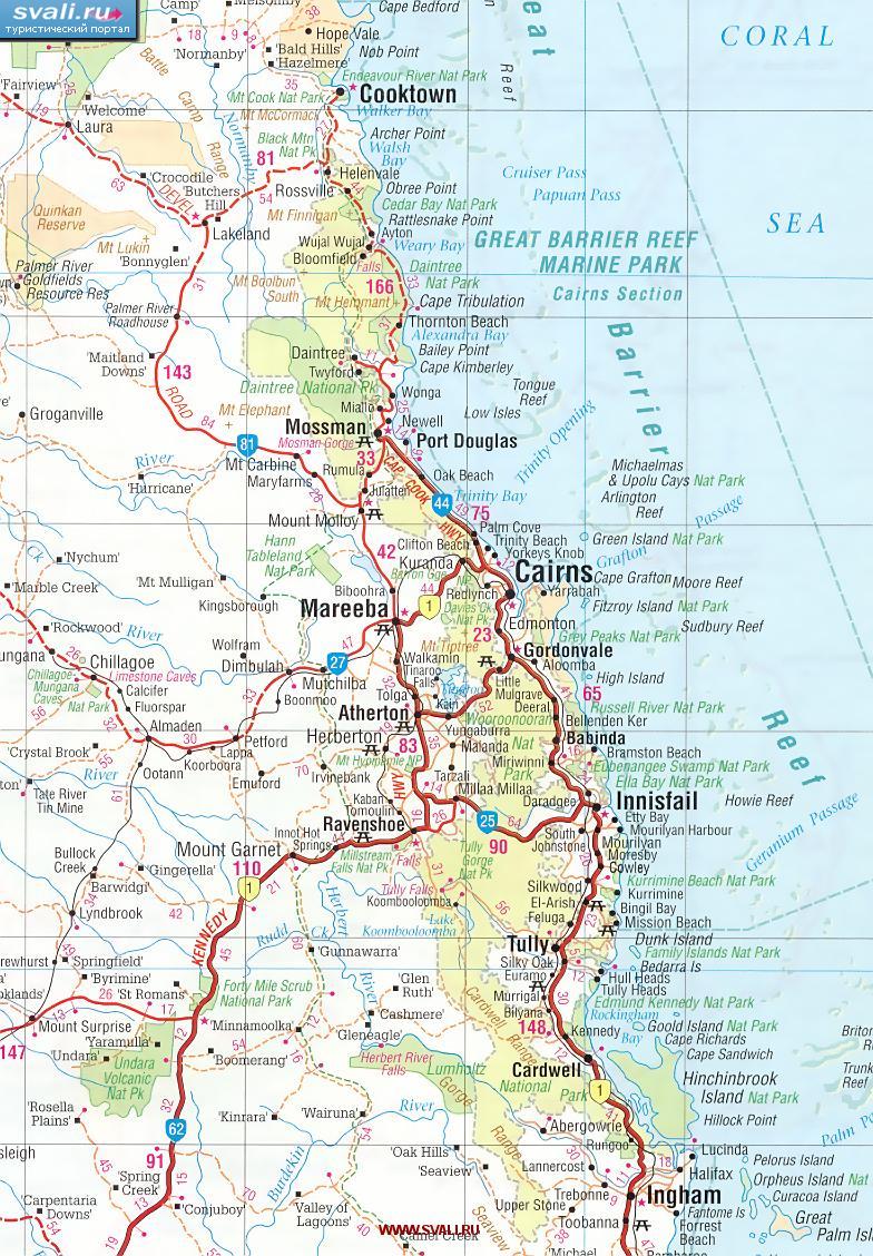 Карта окрестностей Кэрнса (Cairns), Большой Барьерный риф, Австралия (англ.)