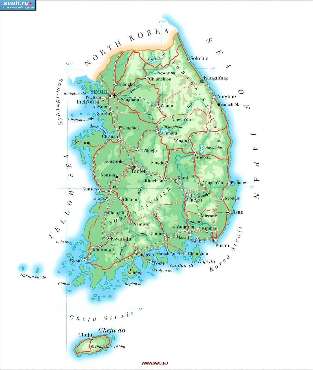 Карта Южной Кореи с рельефом (англ.)