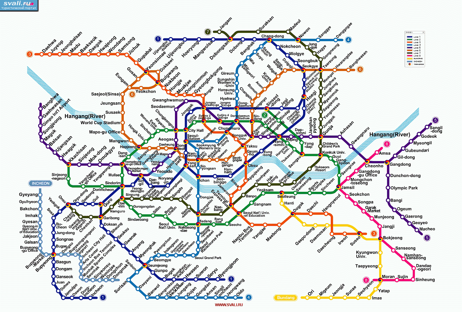 Схема метро Сеула (Seoul), Южная Корея (англ., кор.)