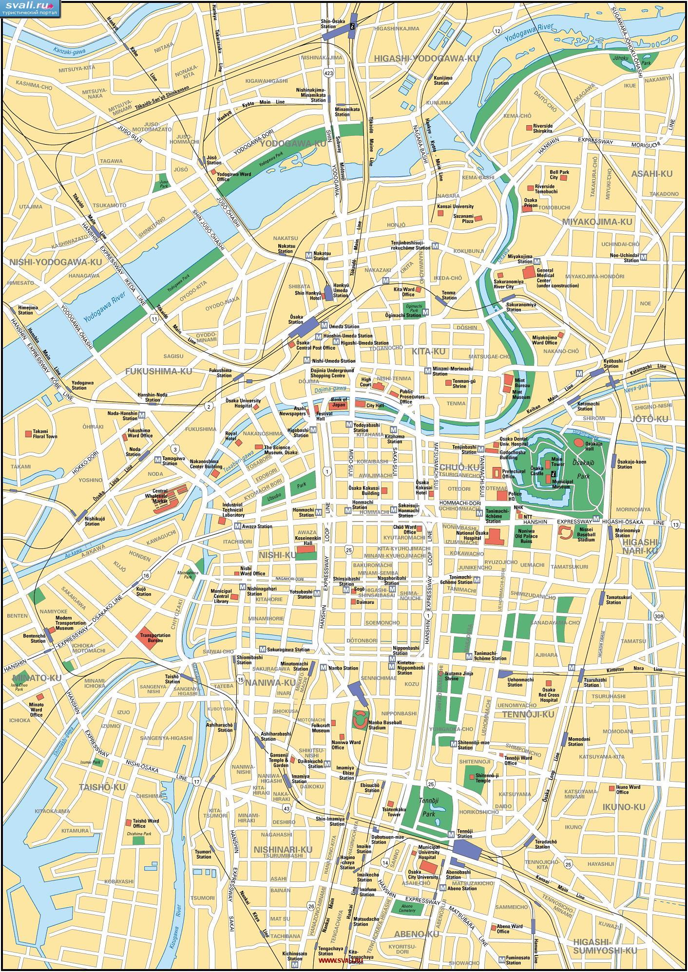 Туристическая карта центра Осаки, Япония (англ.)