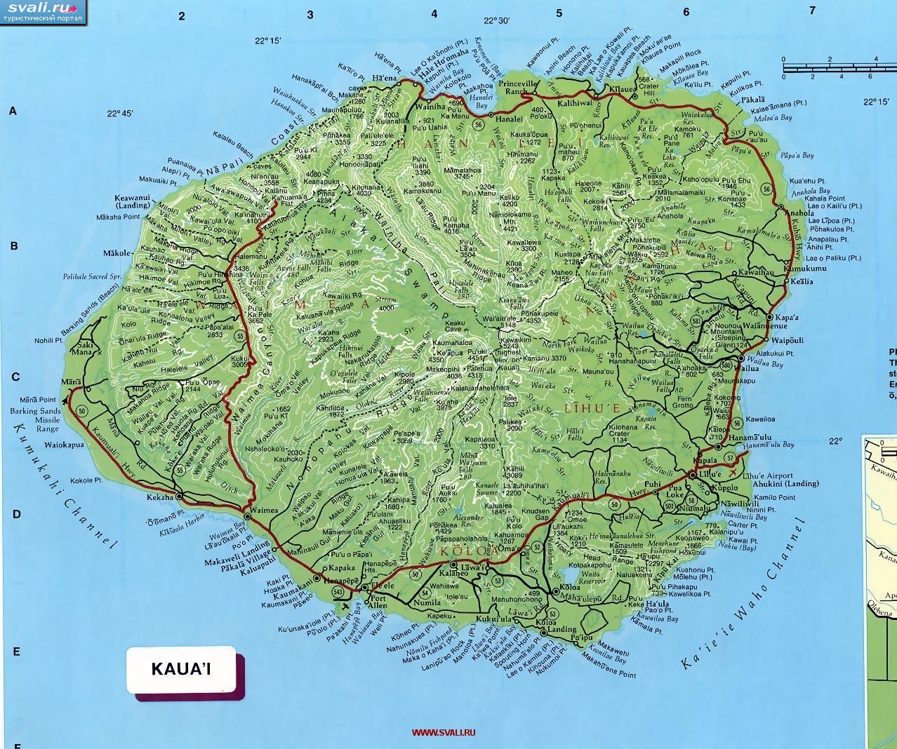 Гавайские острова. Карта острова Кауаи (англ.)