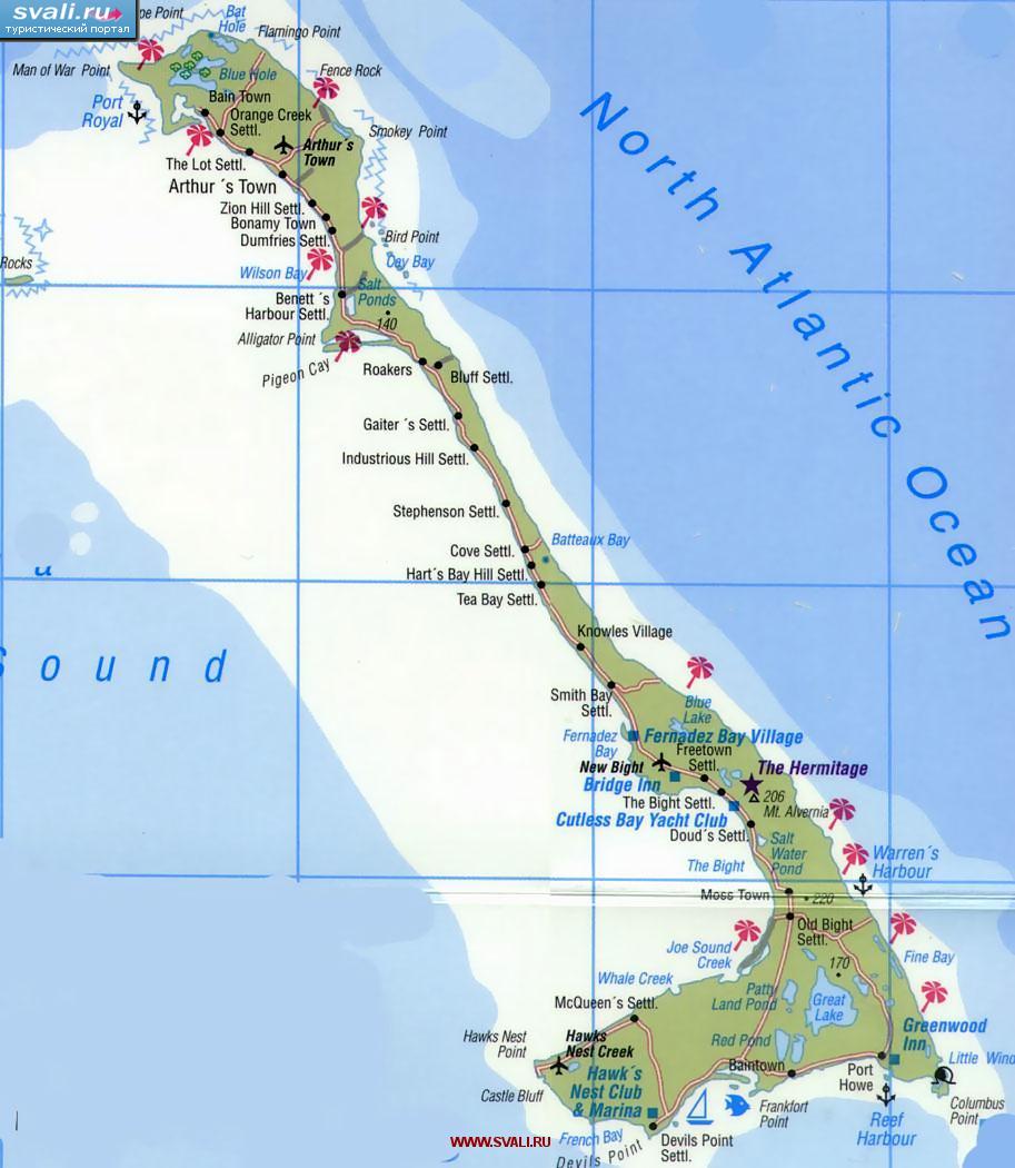 Туристическая карта острова Кэт (Cat Island), Багамские острова (англ.)