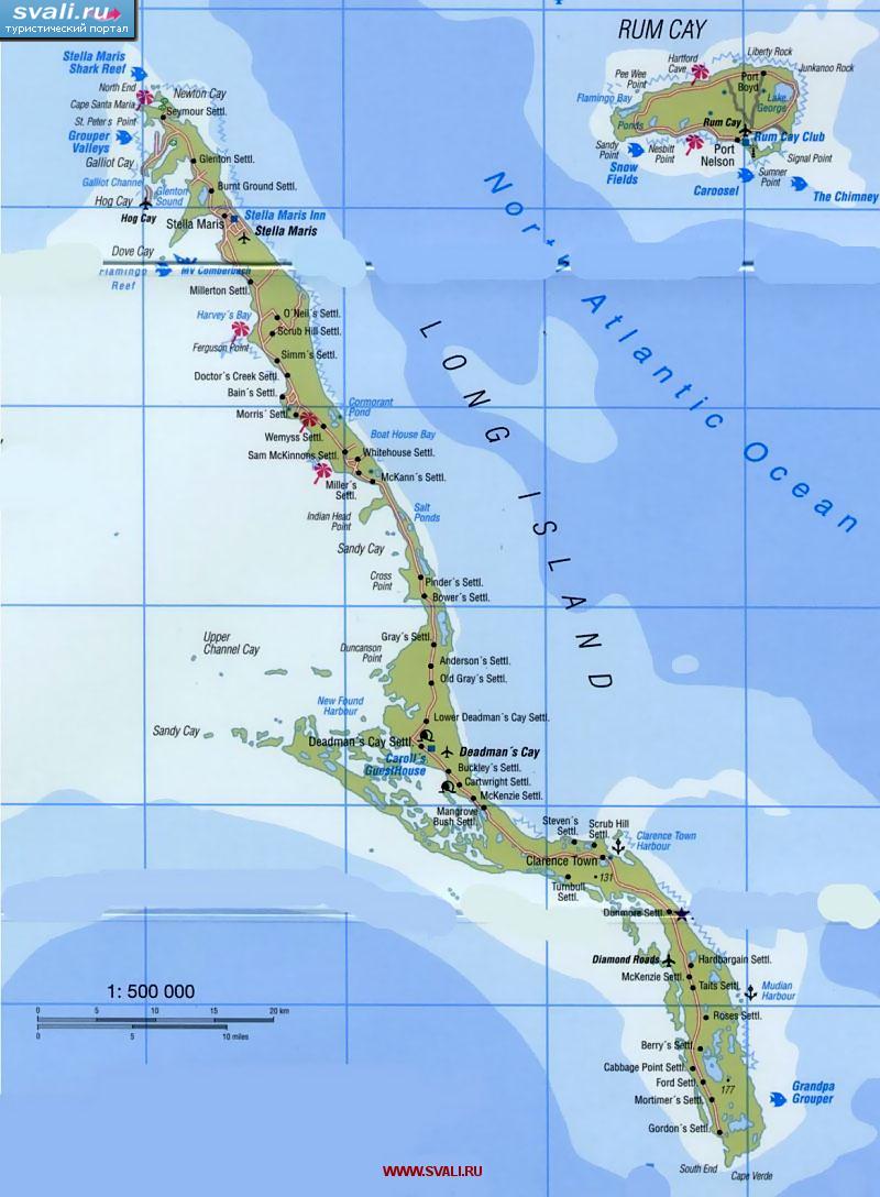 Туристическая карта острова Лонг (Лонг Айленд, Long Island), Багамские острова (англ.)