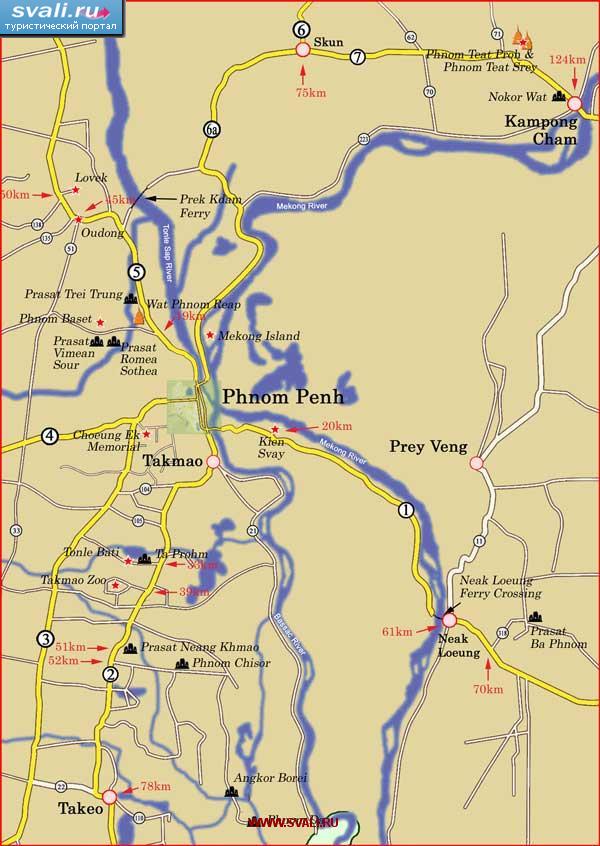 Карта окрестностей города Пном-Пень (Phnom Penh), столицы Камбоджи (англ.)