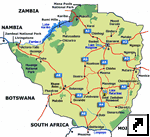 Карта национальных парков и основных автодорог Зимбабве (англ.)