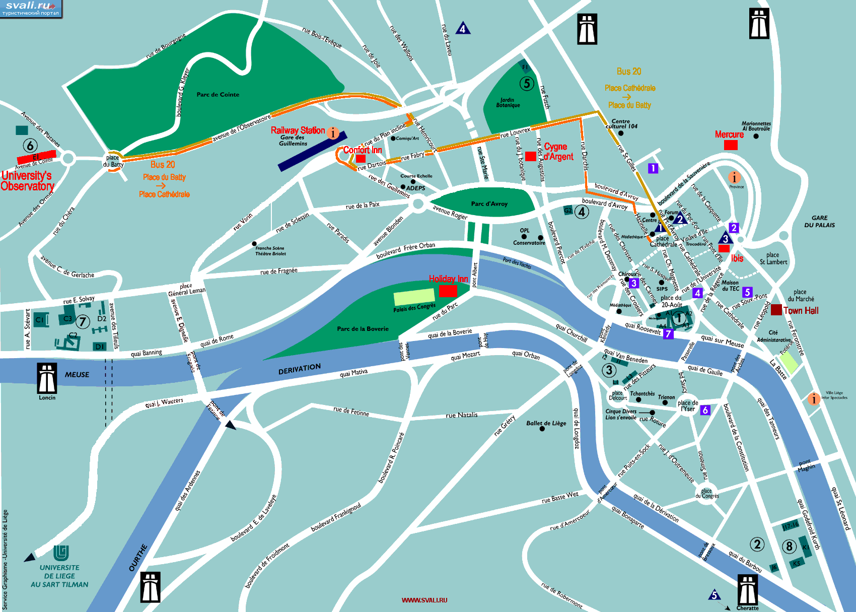 Карта центра Льежа, Бельгия (англ., фр.)