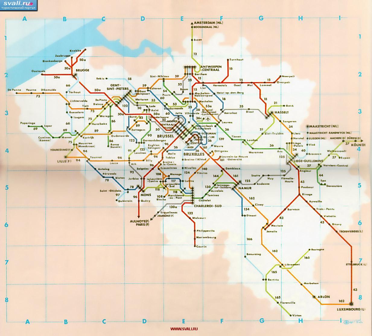 Схема железнодорожного сообщения Бельгии.