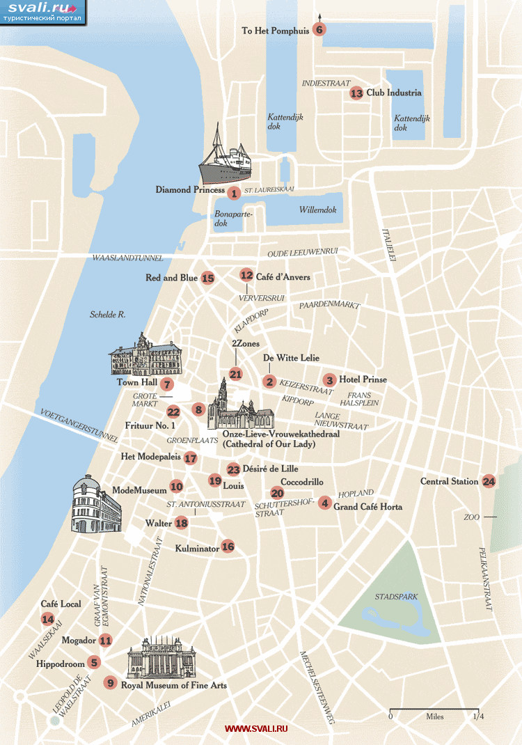 Туристическая карта центра Антверпена с достопримечательностями, Бельгия (англ.)