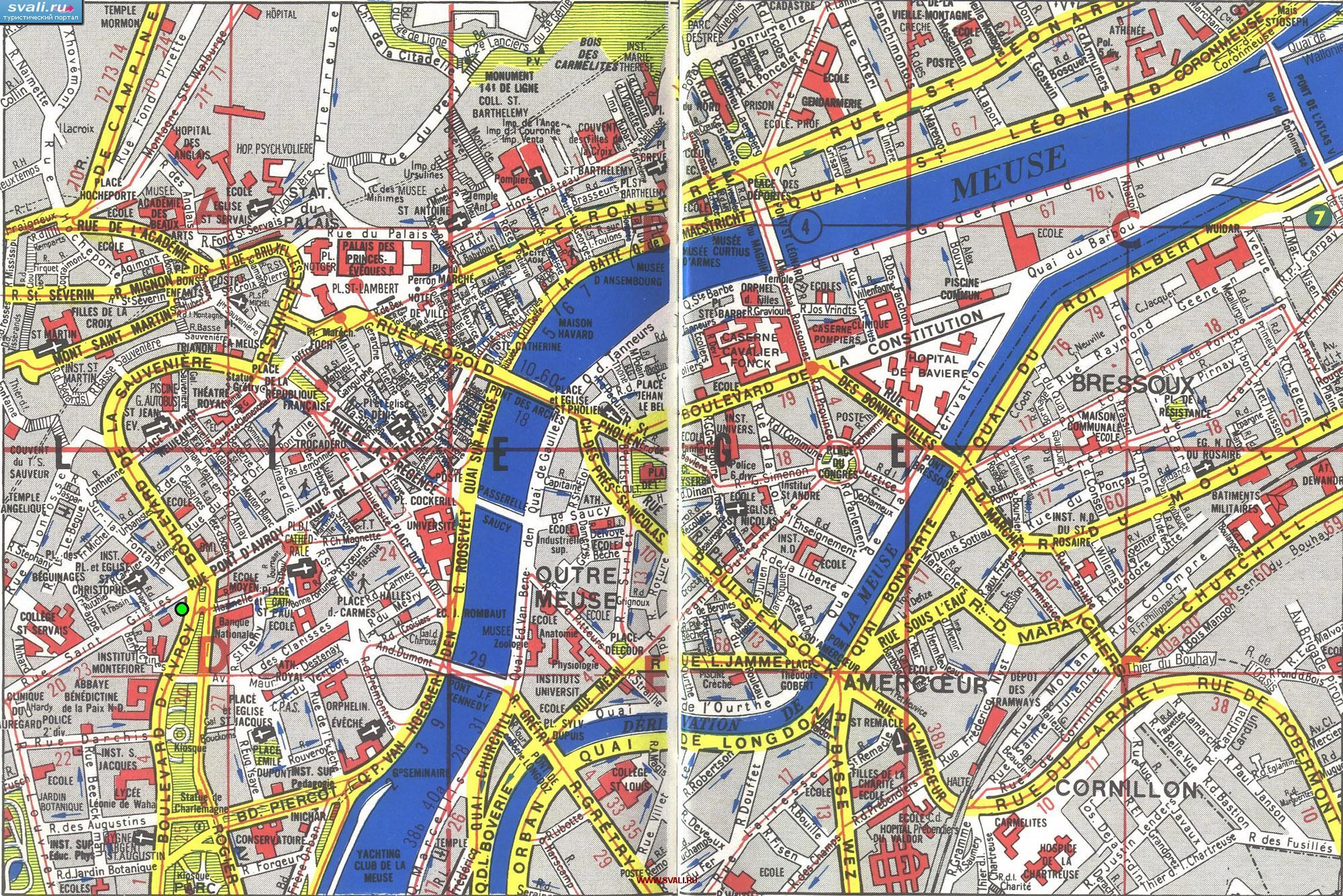 Подробная туристическая карта центра Льежа, Бельгия (фр.)