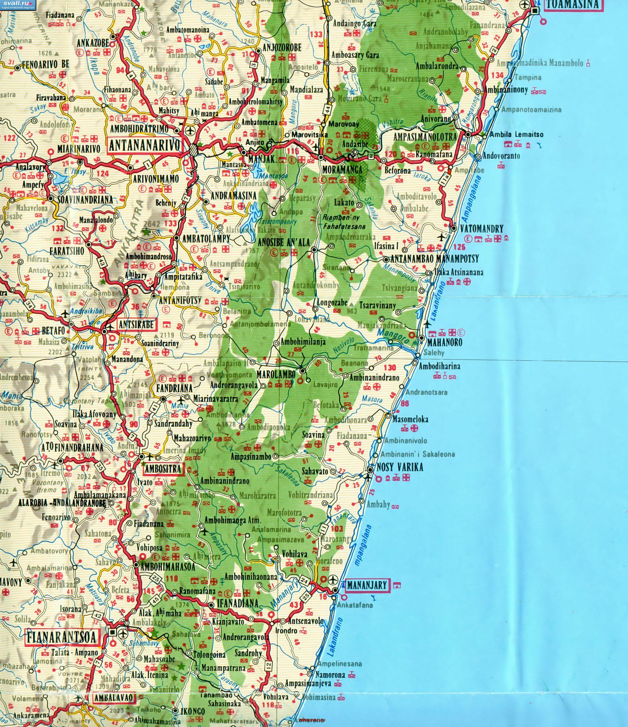 Подробная карта центра Мадагаскара с автодорогами, Антананариву (Antananarivo), Махануру (Mahanoro), Мананджари (Mananjary), Фианарантсуа (Fianarantsoa) (франц.)