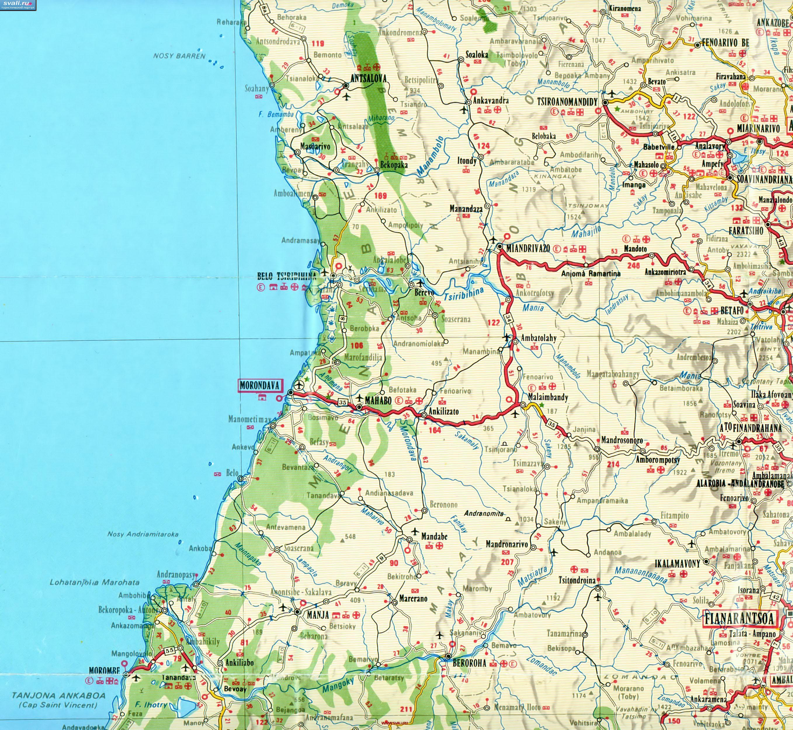 Подробная карта центра Мадагаскара с автодорогами, Мурундава (Morondava), Беруруха (Beroroha), Мурумбе (Morombe) (франц.)