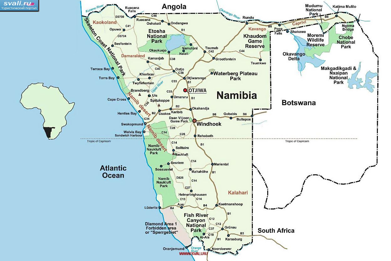 Карта национальных парков Намибии (англ.)