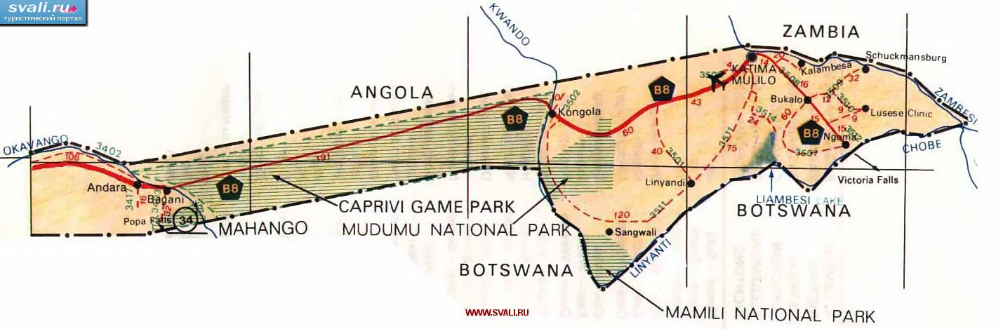 Карта района Каприви-Стрип (Caprivi) в северо-восточной части Намибии с автодорогами (англ.)