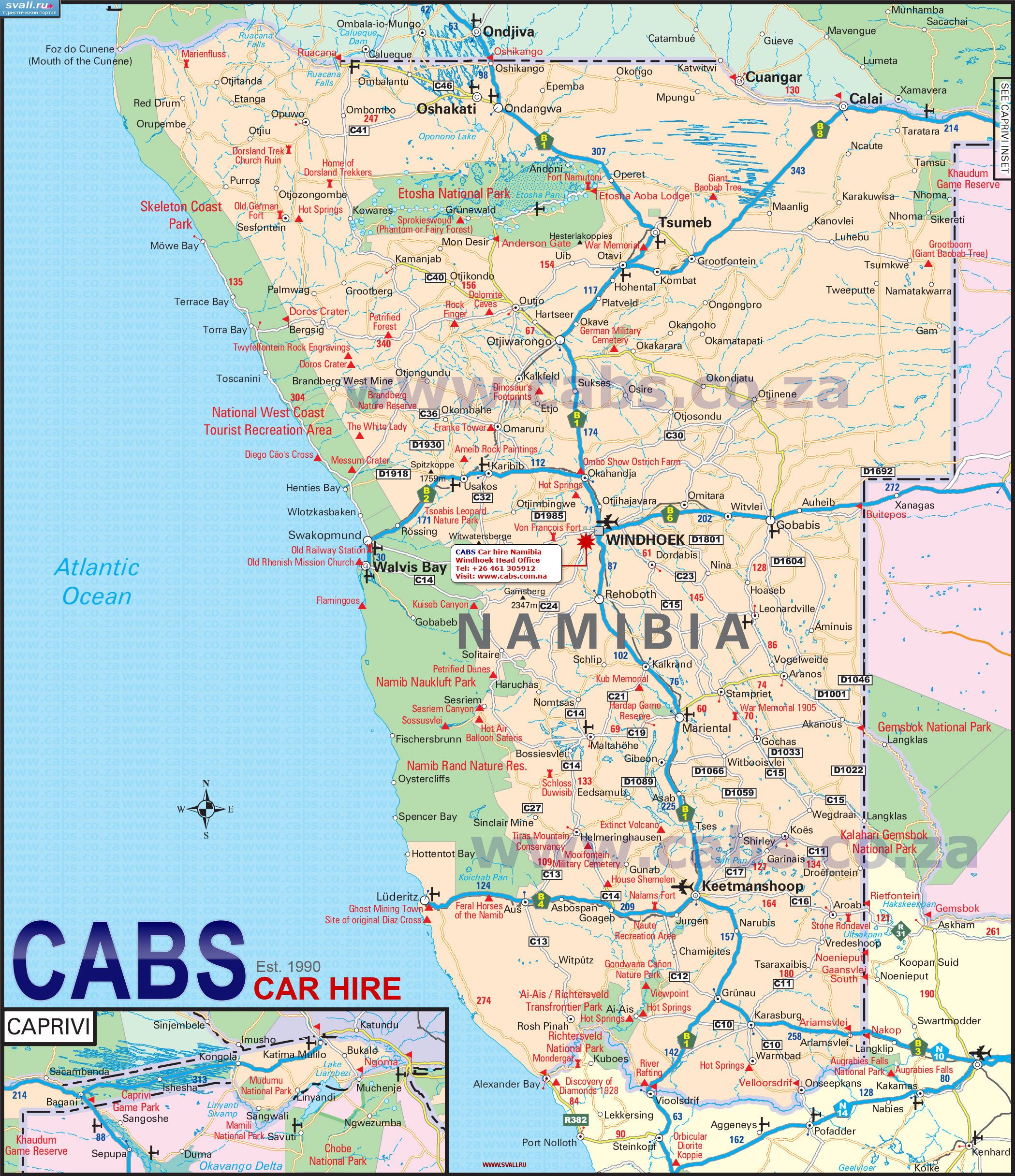 Туристическая карта Намибии (англ.)