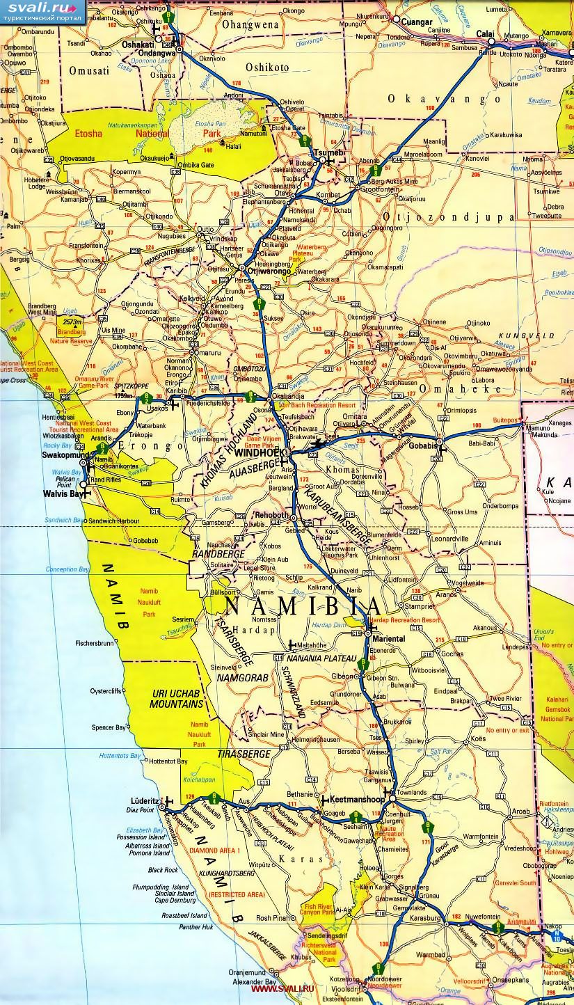 Карта Намибии с атодорогами (англ.)