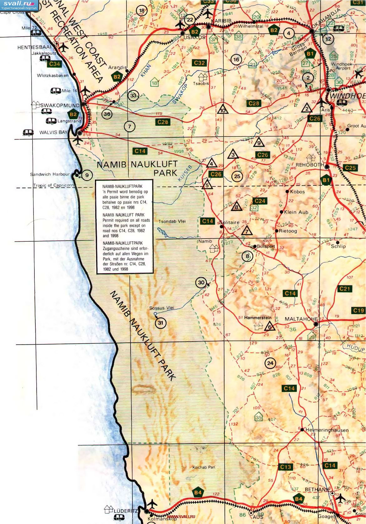 Карта атлантического побережья (Национальный парк Намиб-Науклуфт, Свакопмунд) Намибии с автодорогами (англ.)