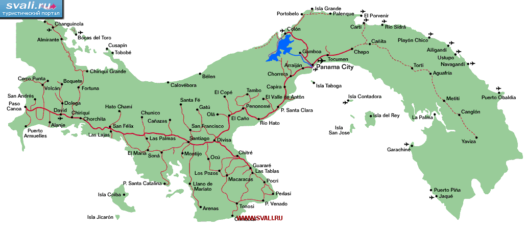 Карта автодорог и аэропортов Панамы (исп.)