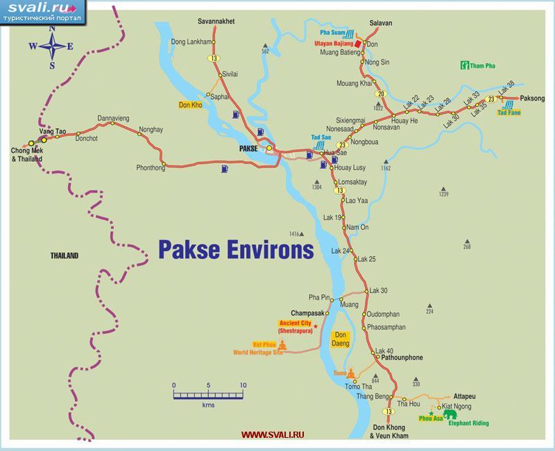 Карта окрестностей города Паксе (Pakse), провинция Чампасак (Champasak), Лаос (англ.)