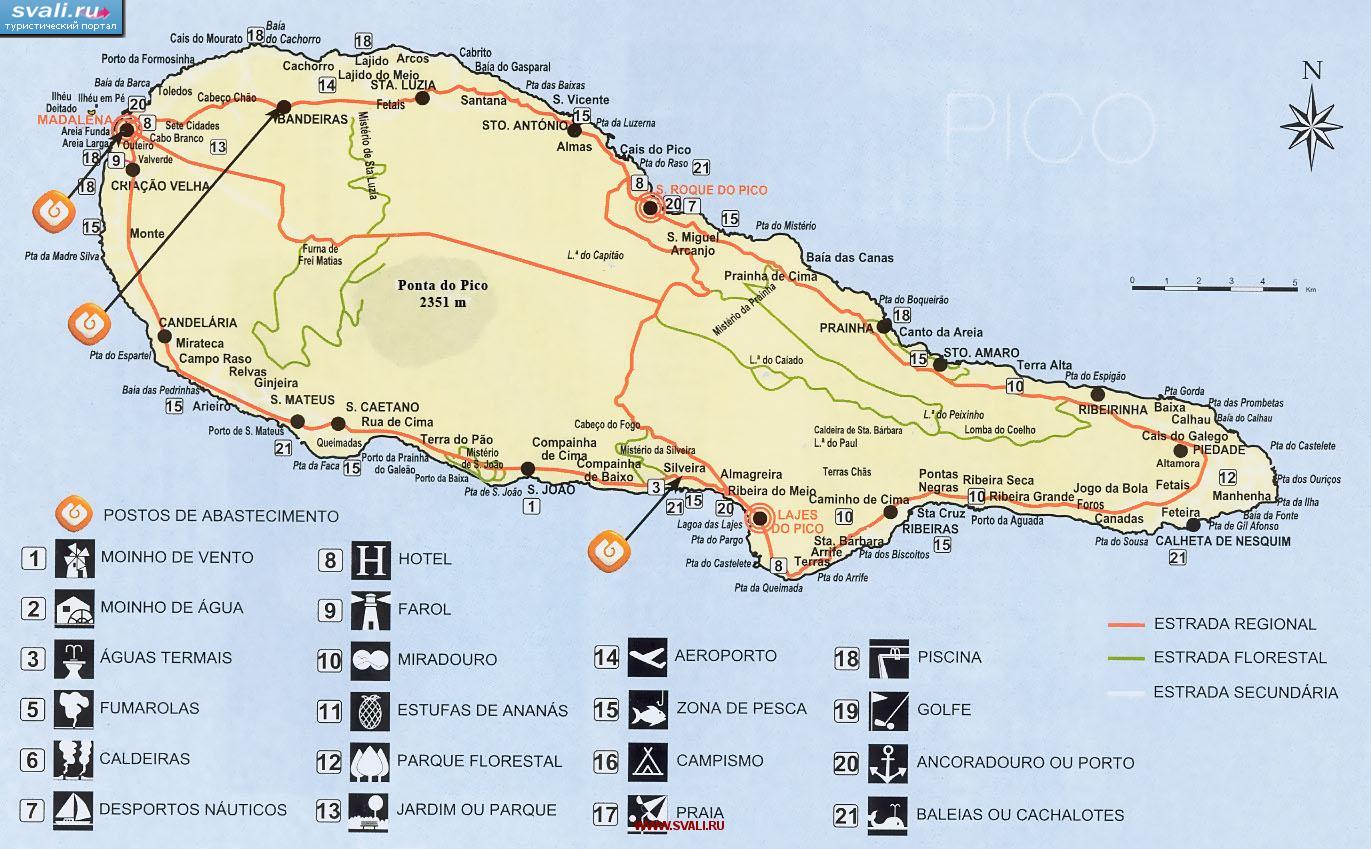 Азорские острова на карте достопримечательности