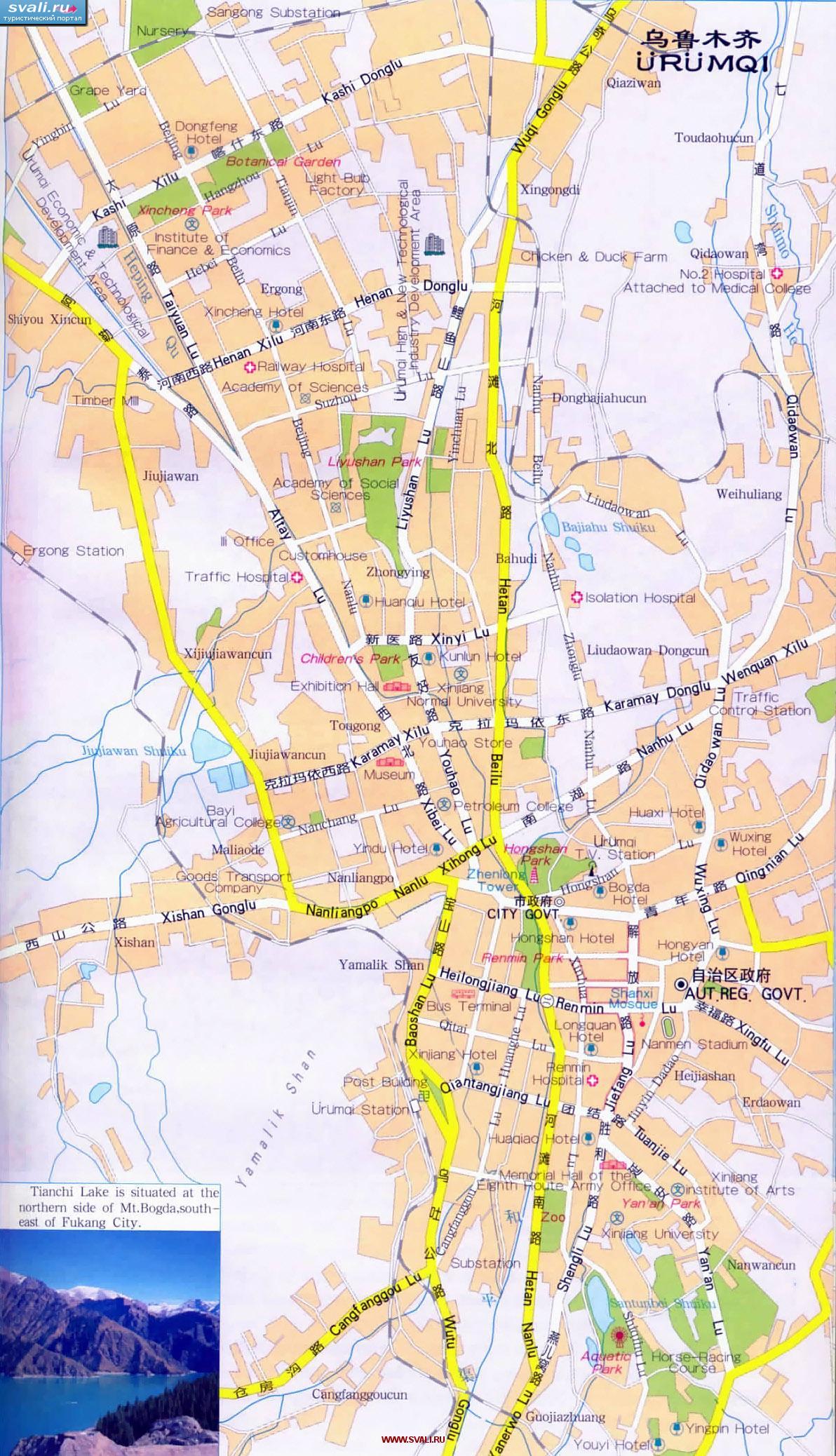 Карта города Урумчи (Urumqi), Синьцзян-Уйгурский (Xinjiang Uygur) автономный район, Китай (англ., кит.)