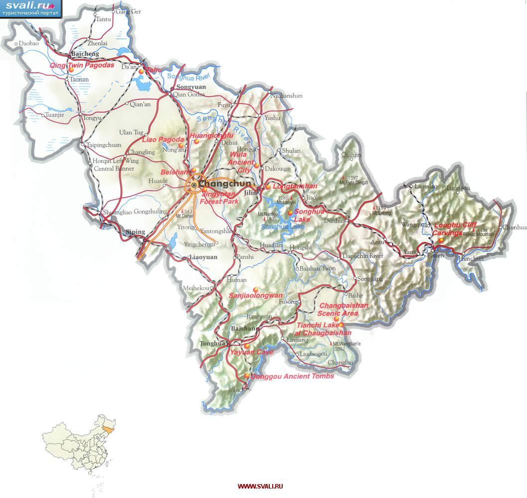 Туристическая карта провинции Цзилинь (Jilin), Китай (англ.)