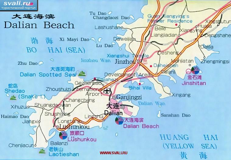 Карта пляжей города Далянь (Dalian), провинция Ляонин (Liaoning), Китай (англ., кит.)