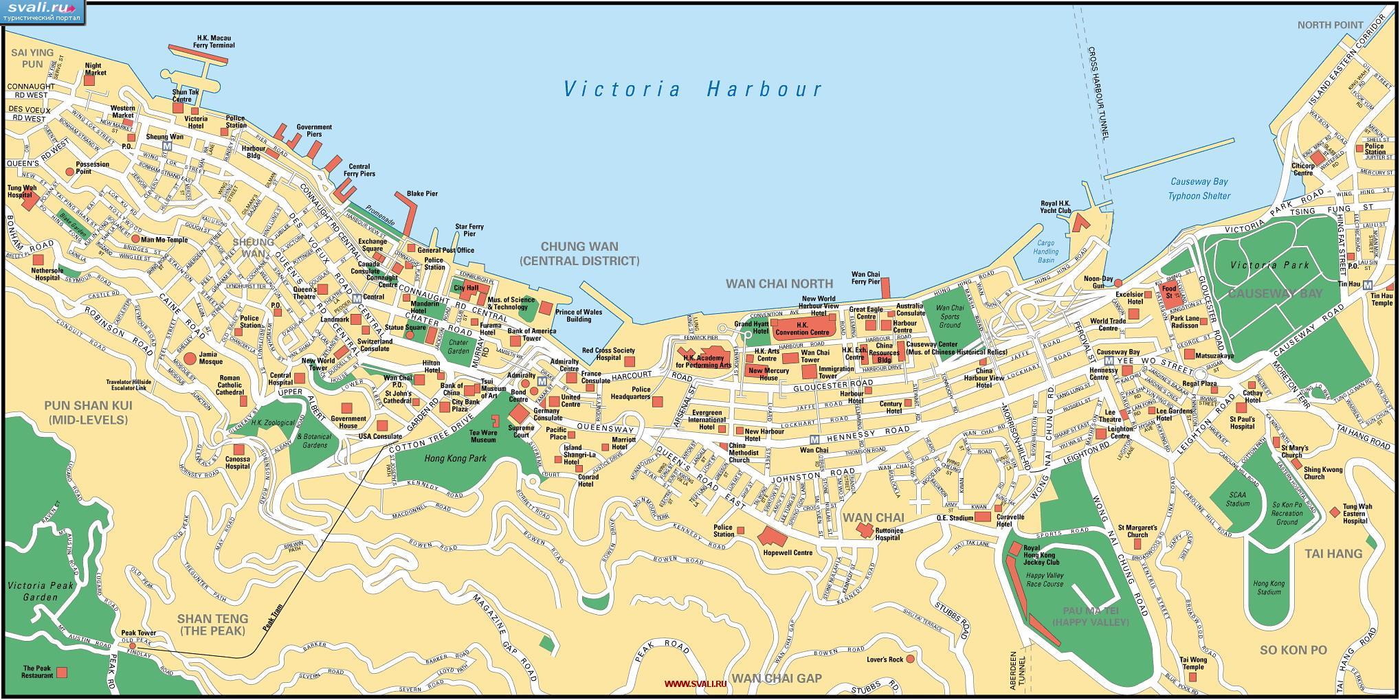 Туристическая карта острова Гонконг, Китай (англ.)