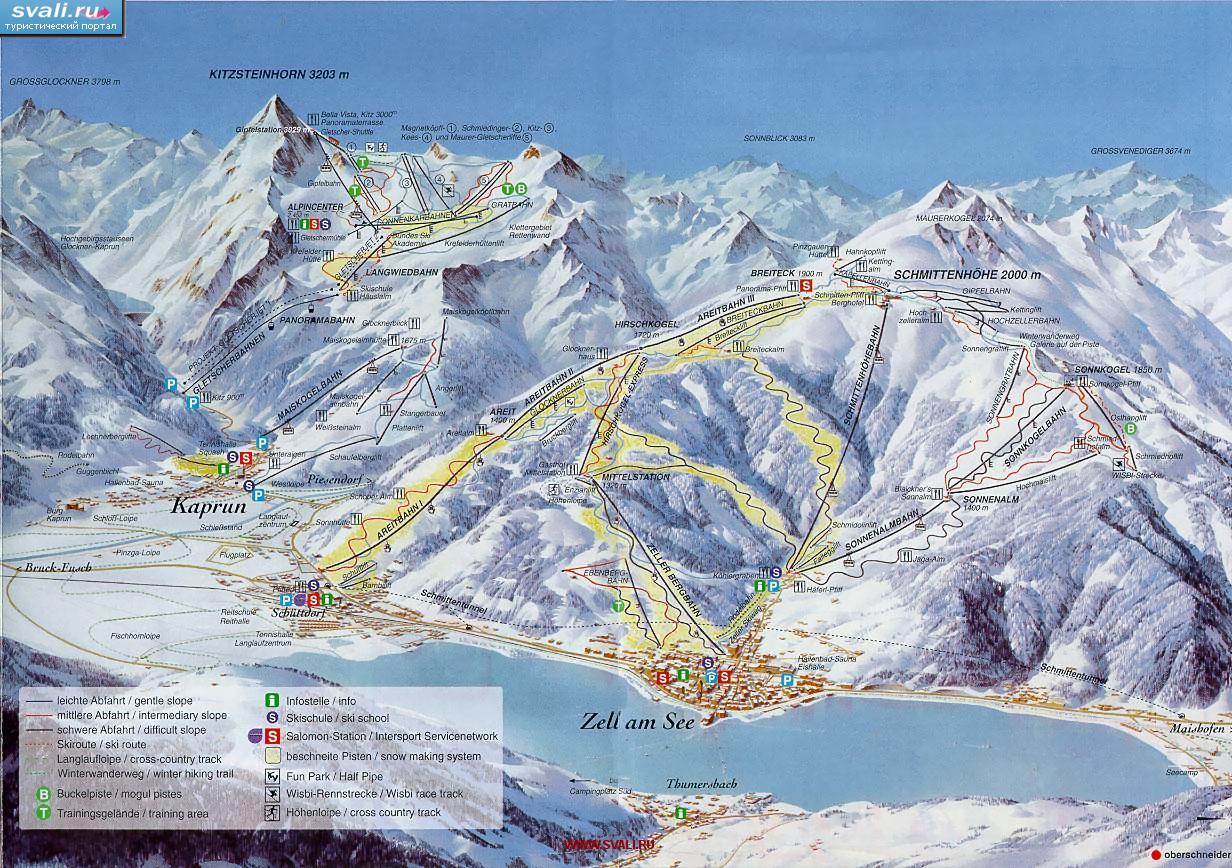 Карта горнолыжного курорта Цель ам Зее (Zell am See) и Капрун (Kaprun), Австрия.