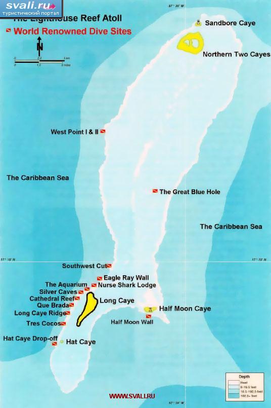 Карта мест для дайвинга атолла Лайтхаус (Lighthouse, Большая Голубая Дыра), Белиз.