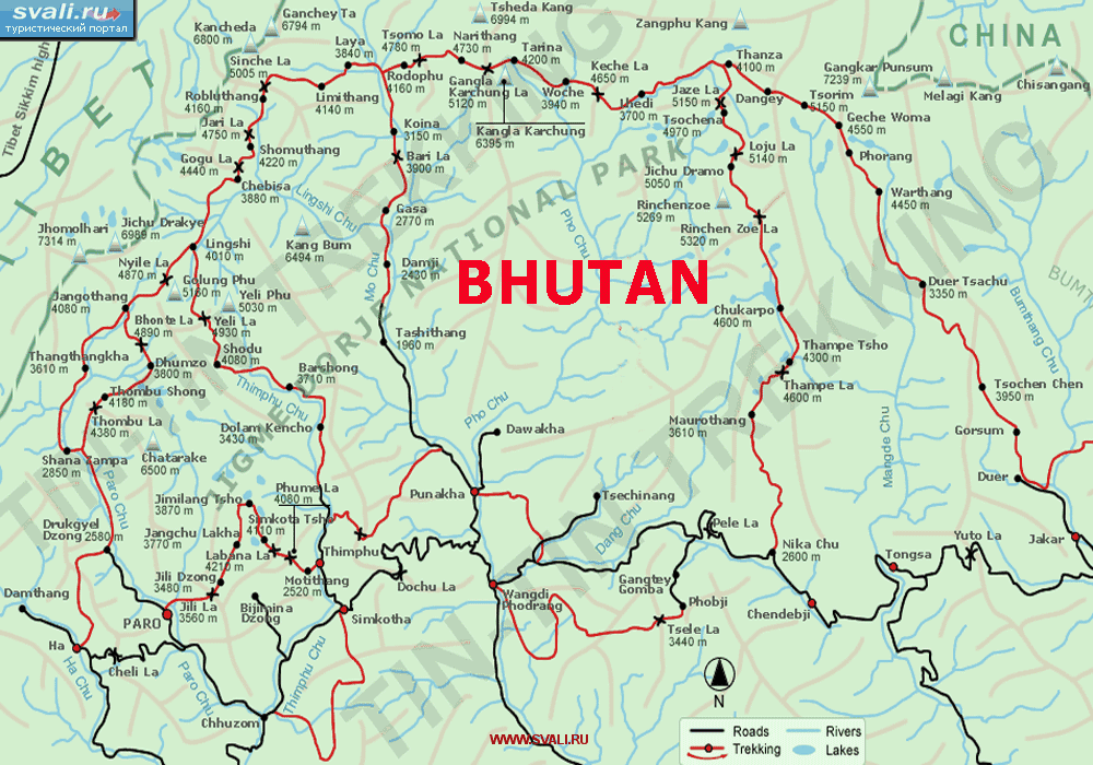 Схема трекинговых маршрутов Национального парка Джигме-Дорджи (Jigme Jorge), Бутан (англ.)