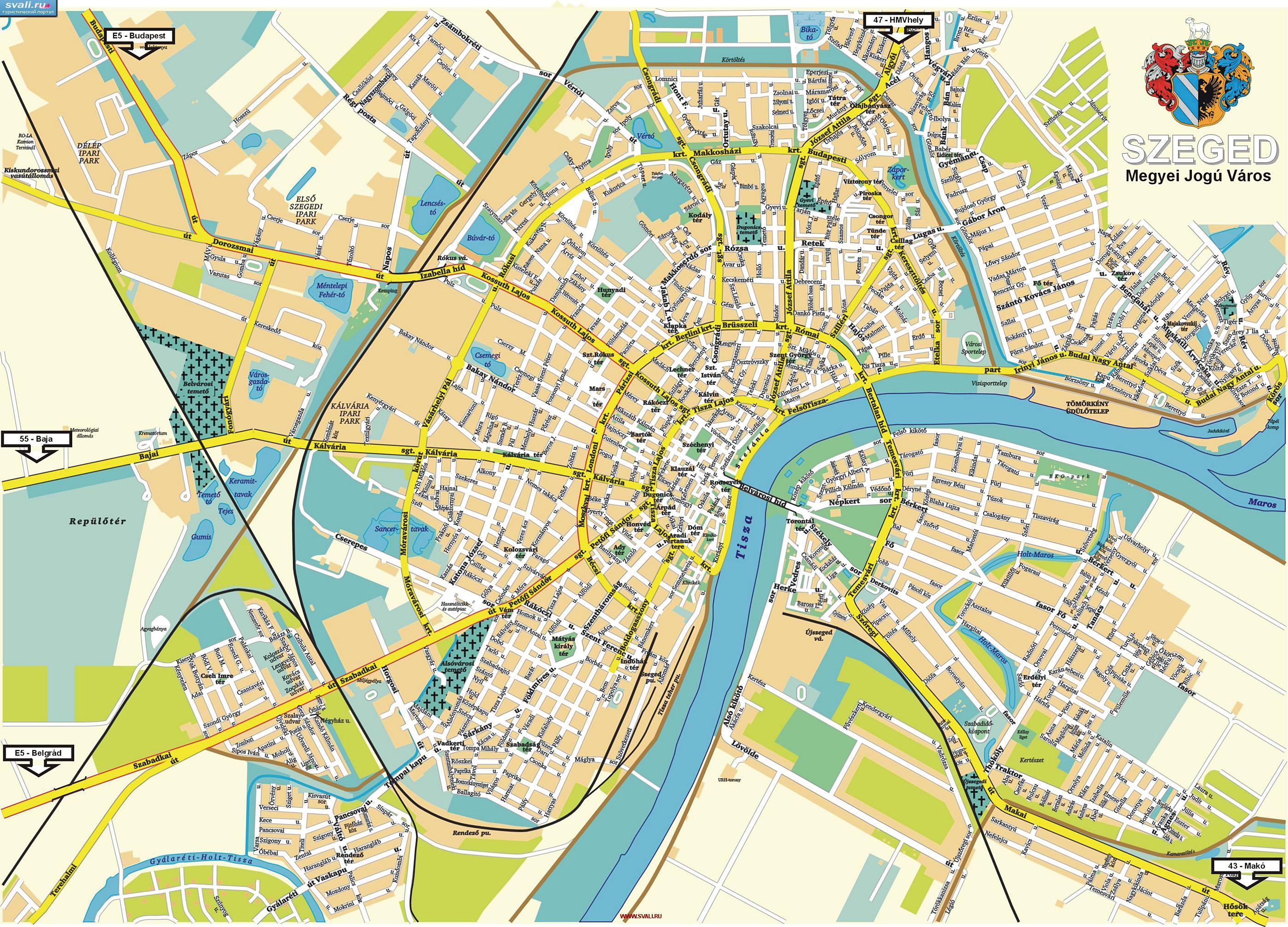 Подробная карта города Сегед (Szeged), Венгрия (венг.)