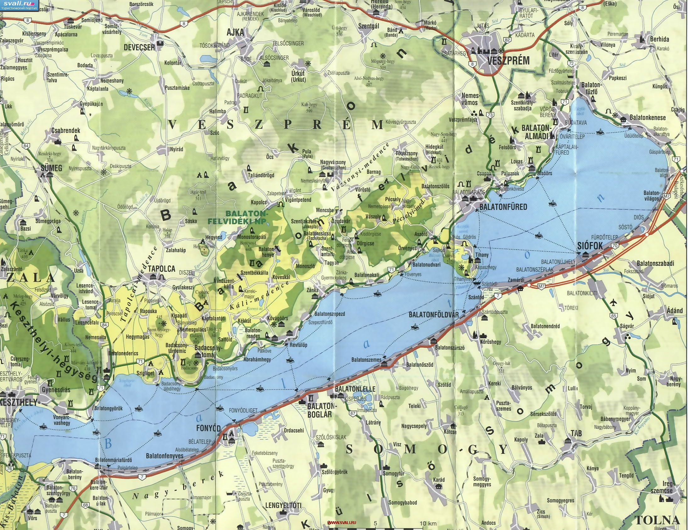Подробная карта окрестностей озера Балатон, Венгрия (венг.)