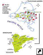 Карта мест для дайвинга в лагуне Трук (Truk), штат Чуук (Chuuk), и туристическая карта острова Вено (Weno), Федеративные Штаты Микронезии (англ.)