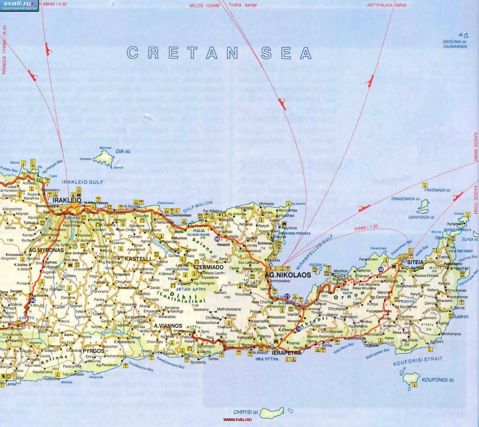 Подробная карта восточной части острова Крит с автодорогами, Греция (англ.)