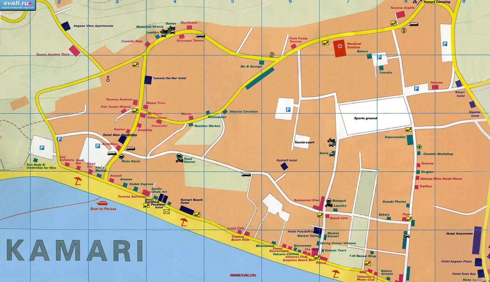 Туристическая карта Камари (Kamari), остров Санторин (Santorini, Санторини), Греция (англ.)