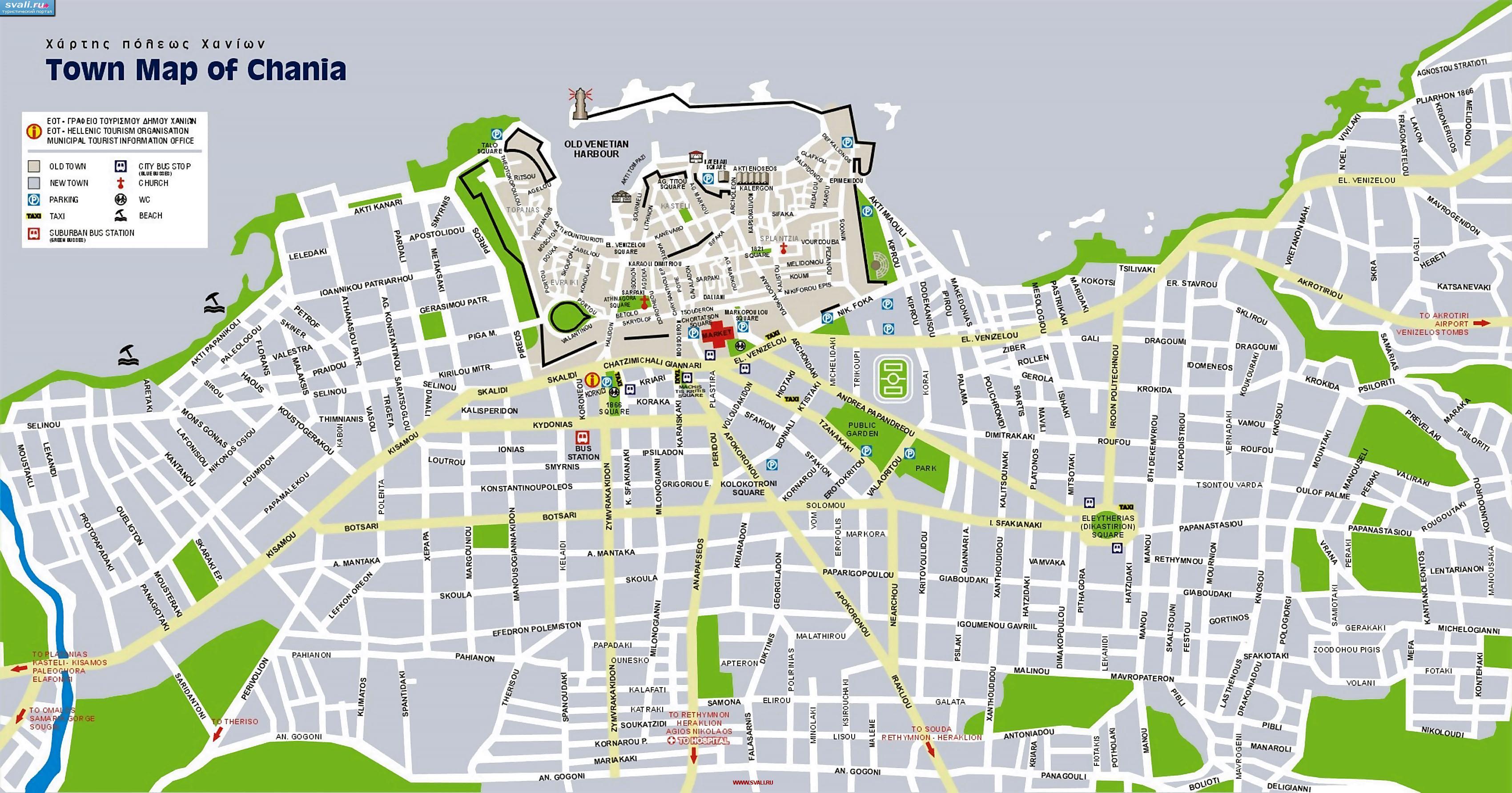 Подробная туристическая карта города Ханья (Chania), остров Крит, Греция (англ.)