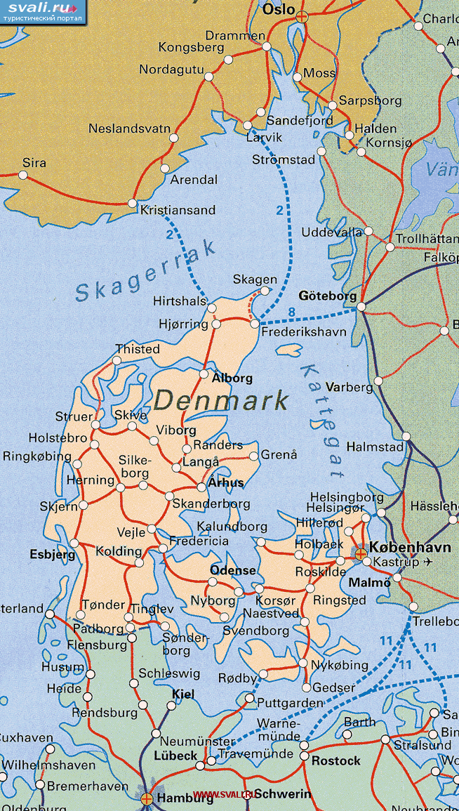 Схема железнодорожного сообщения Дании (датск.)
