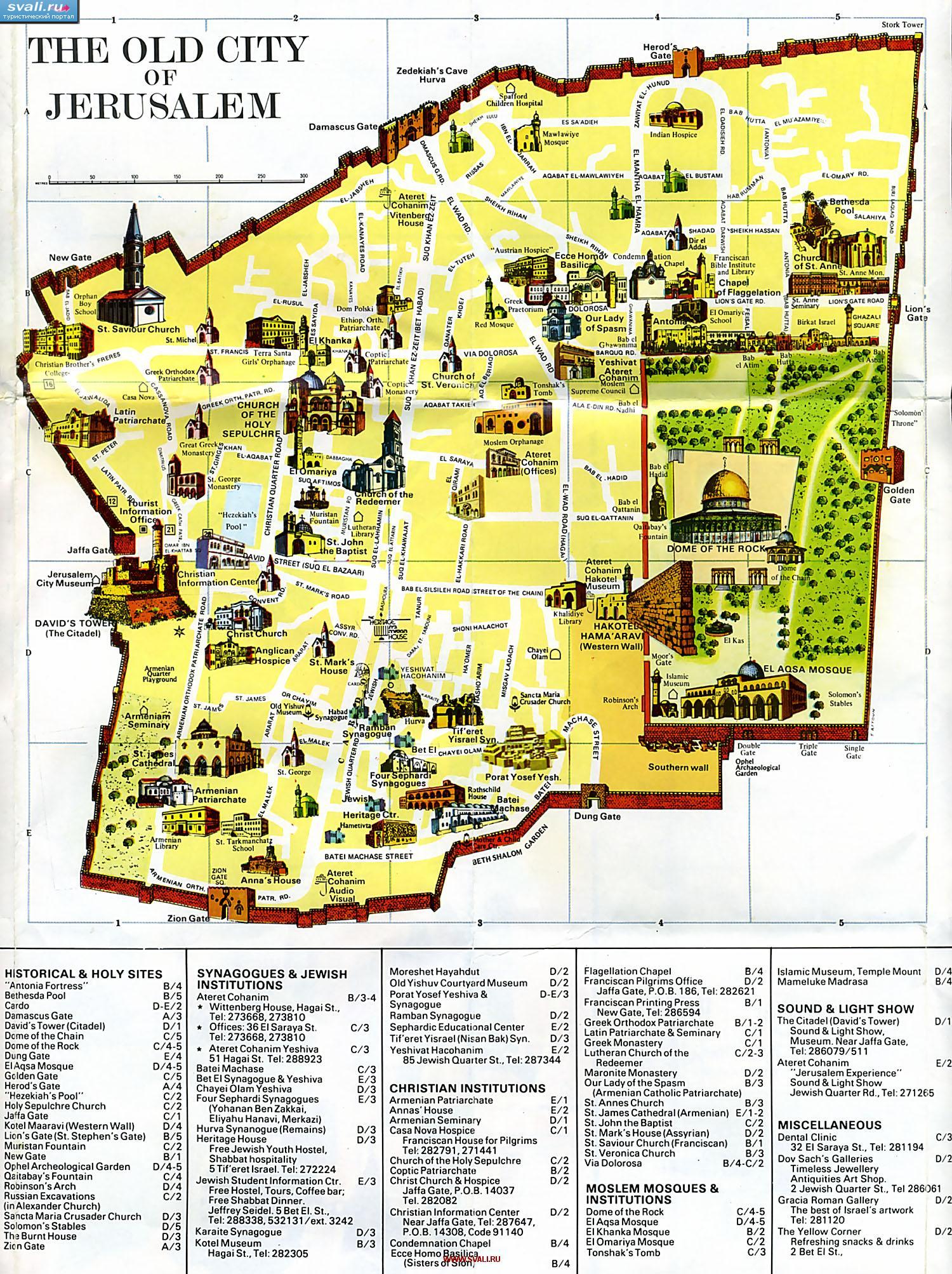 Иерусалим, Старый город, подробная туристическая карта с указанием достопримечательностей, Израиль (англ.)