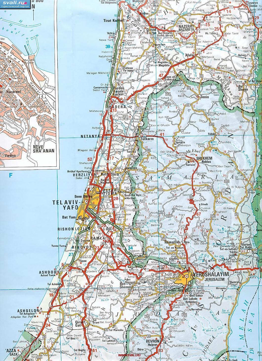Подробная карта центральной части Израиля (англ.)