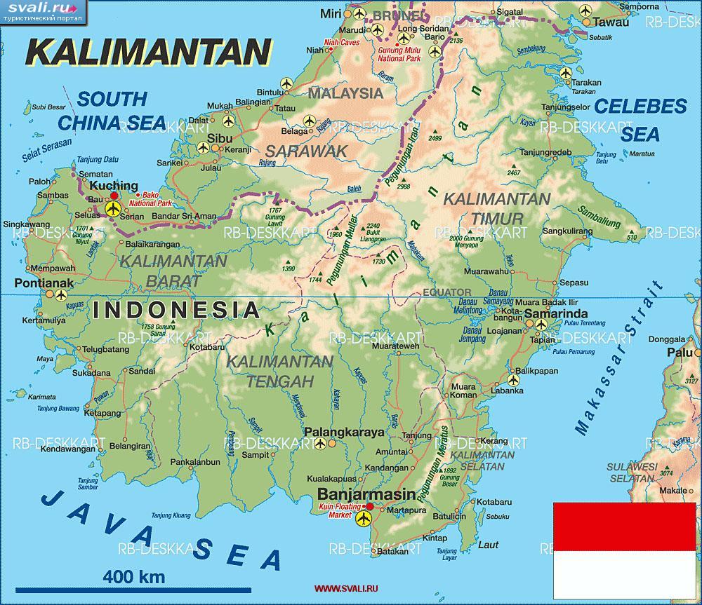 Карта острова Калимантан (Kalimantan, Borneo), Индонезия (англ.)