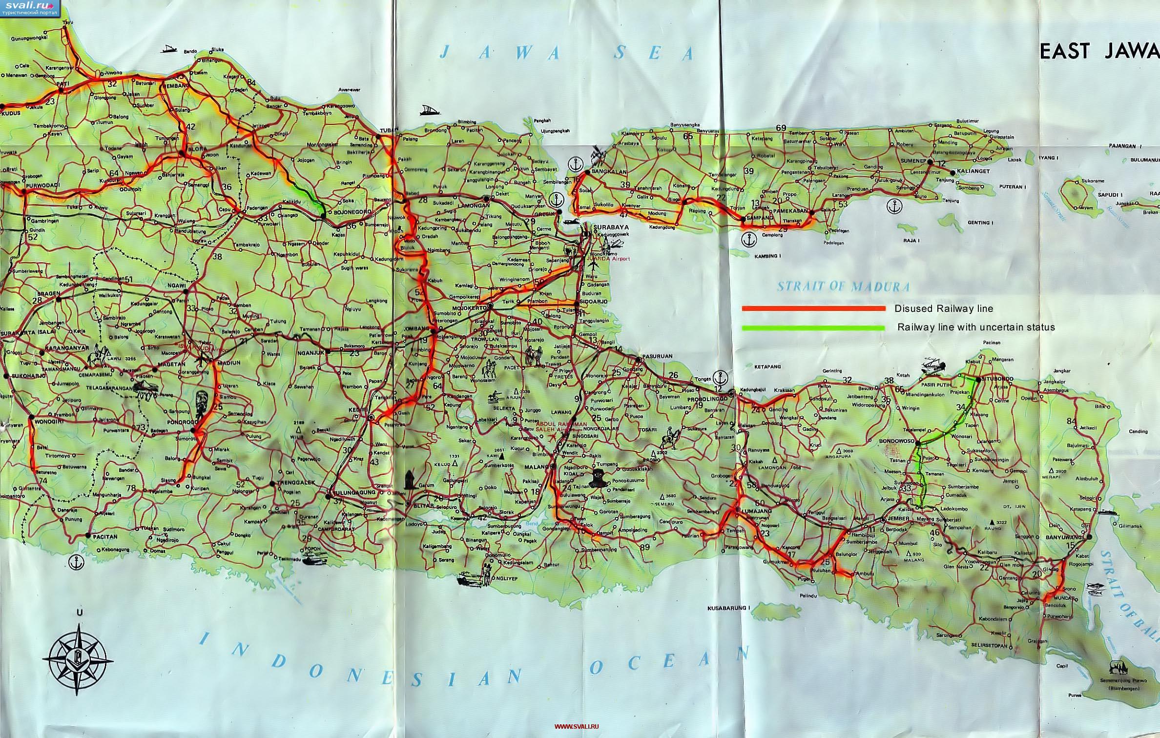 Подробная карта дорог восточной части острова Ява (Java), Индонезия (англ.)