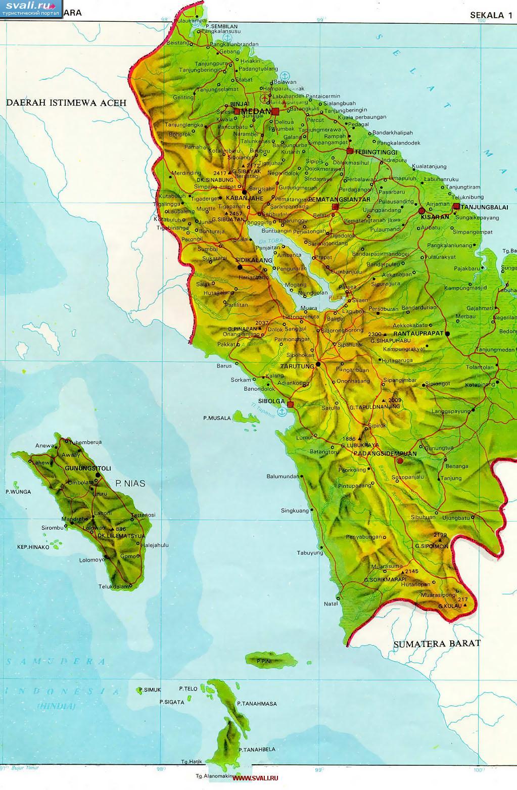 Карта провинции Сумут (Sumut), Медан, Сиболга, остров Суматра (Sumatra), остров Ниас (Nias), Индонезия (индон.)