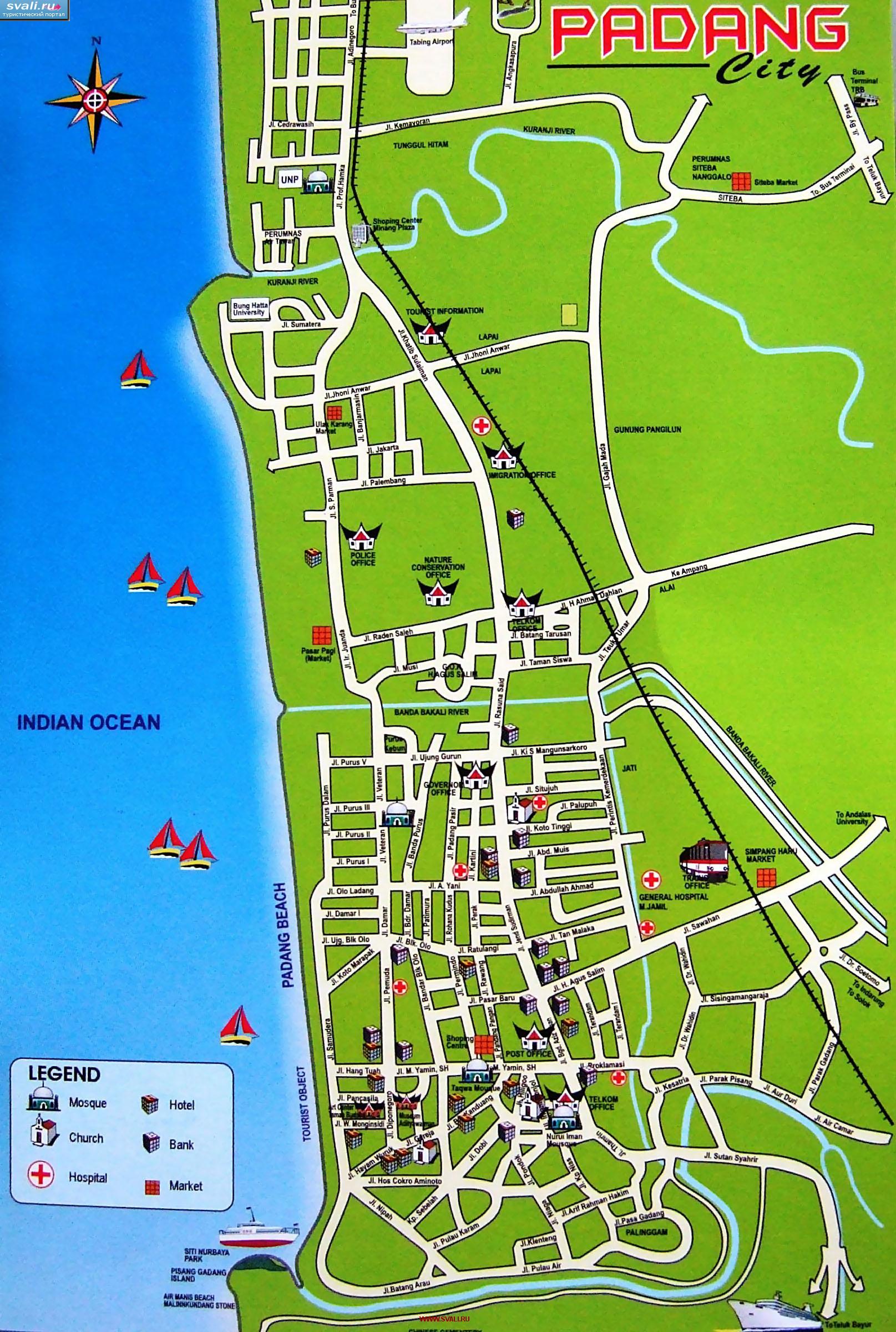 Туристическая карта города Паданг (Padang), остров Суматра (Sumatra), Индонезия (англ.)