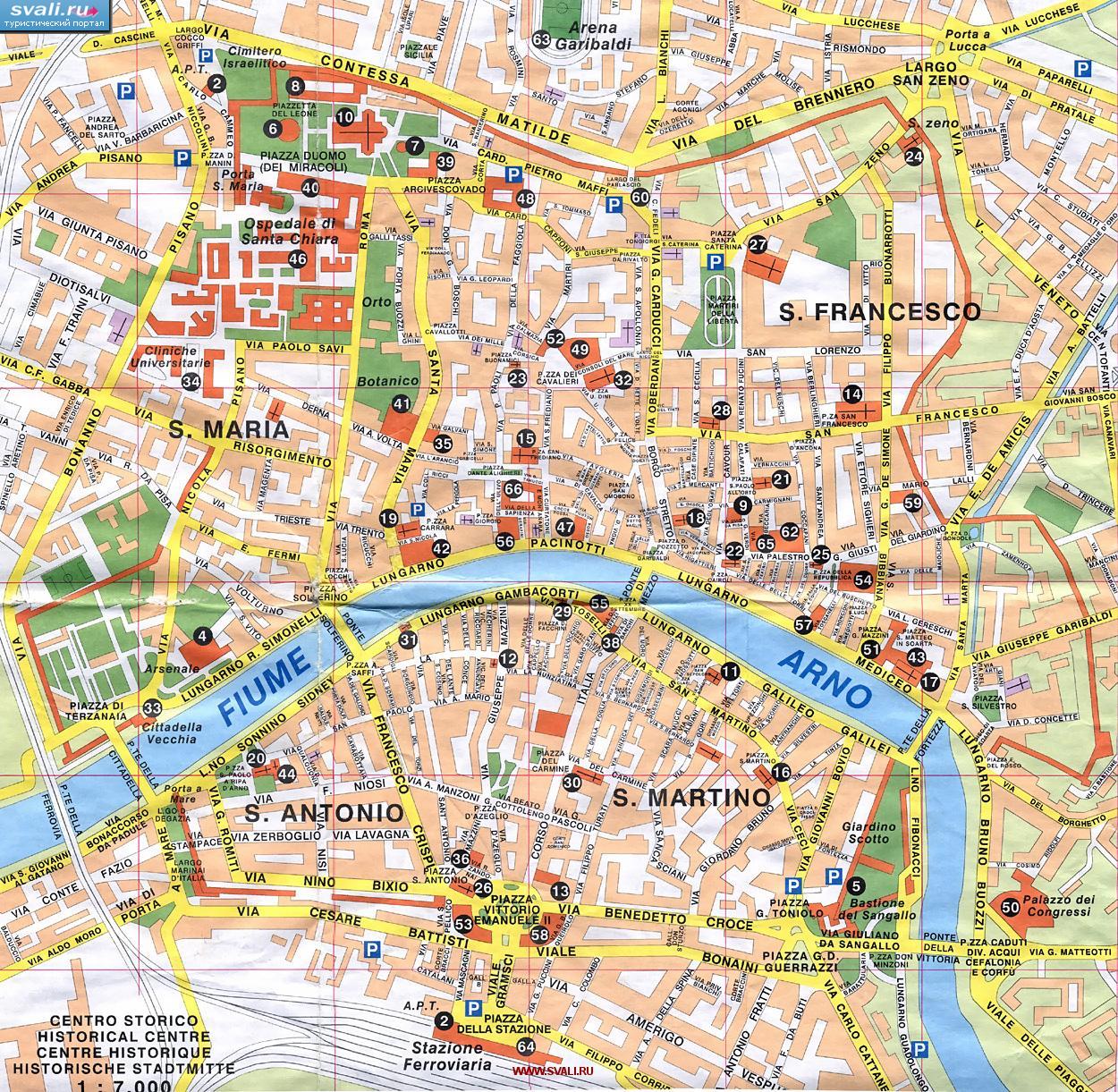 Карта центра Пизы (Piza), Италия (итал.)