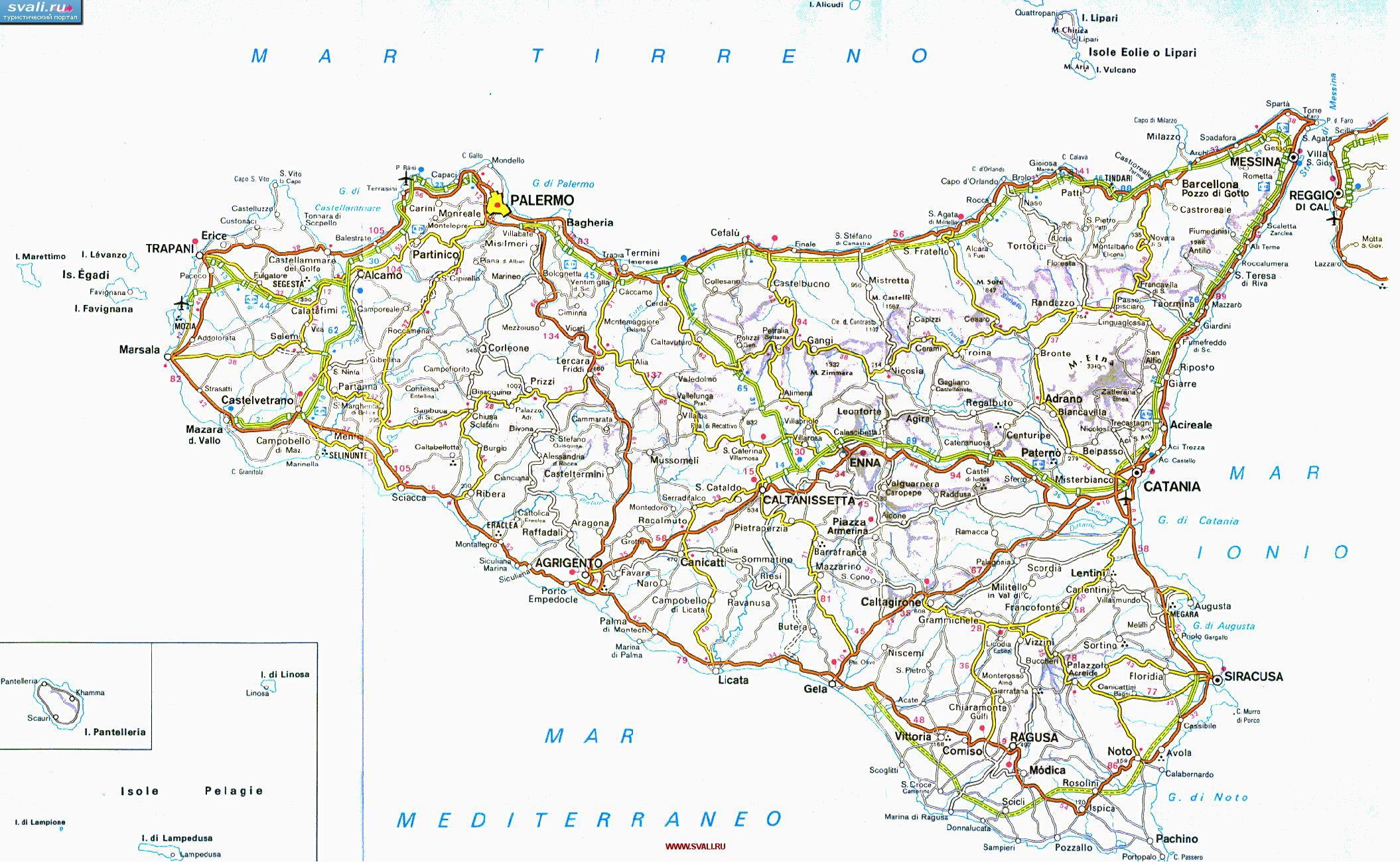 Карта автодорог Сицилии с километражем, Италия (итал.)