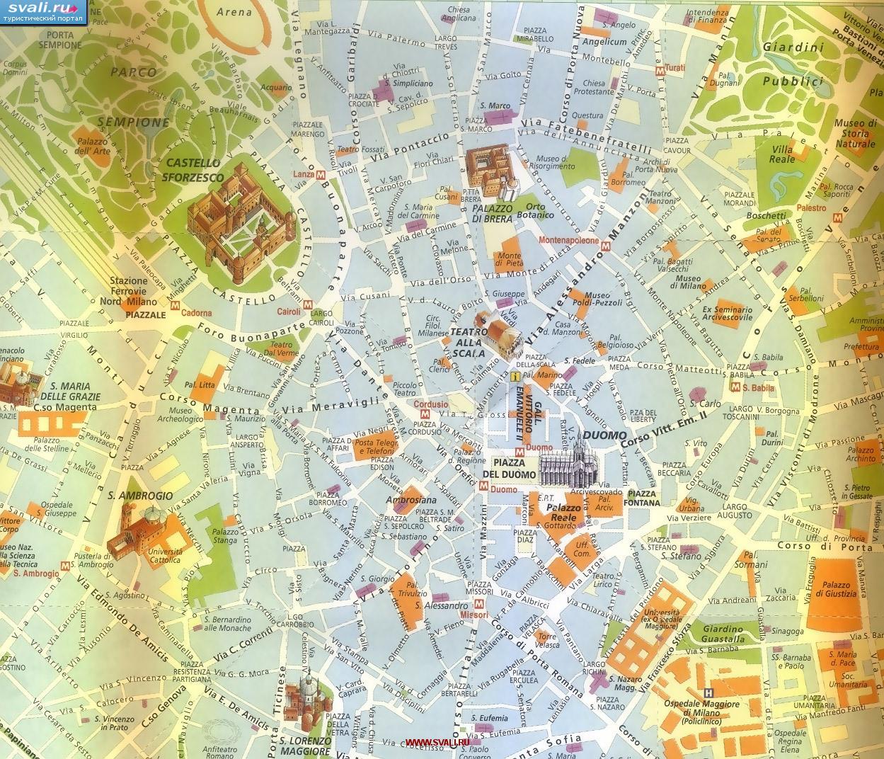 Карта центра Милана  с достопримечательностями, Италия (итал.)
