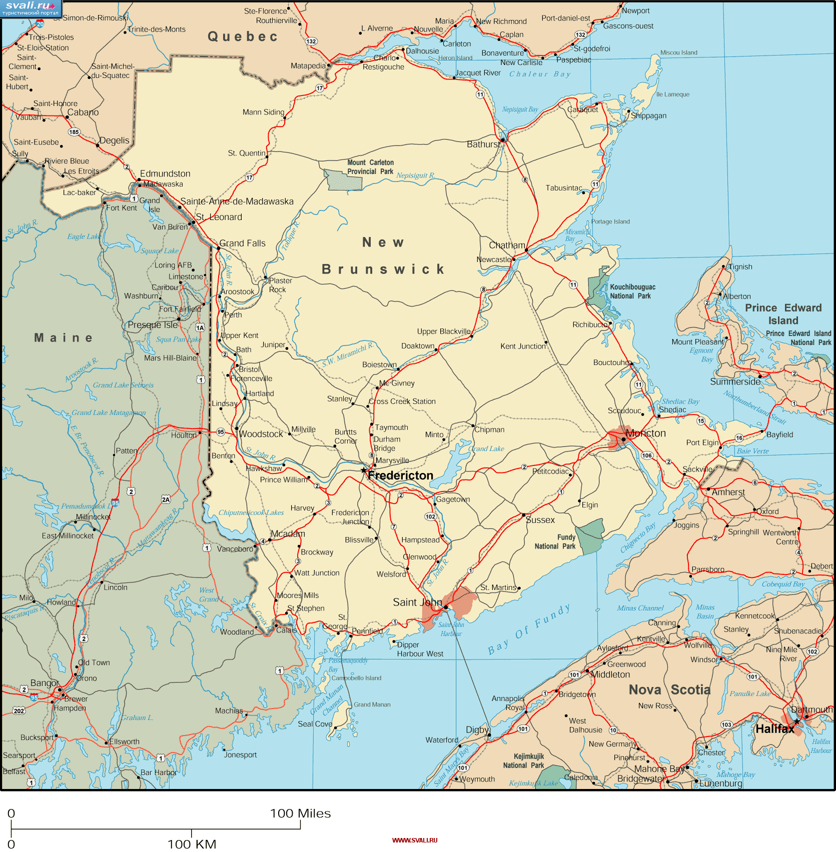 Карта провинции Нью-Брансуик, Канада (англ.)