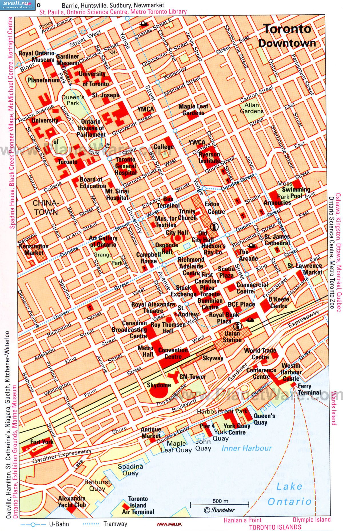 Карта центра Торонто с указанием достопримечательностей, Канада (англ.)