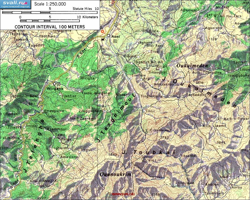 Топографическая карта окрестностей горы Тубкаль (Toubkal), Марокко (англ.)
