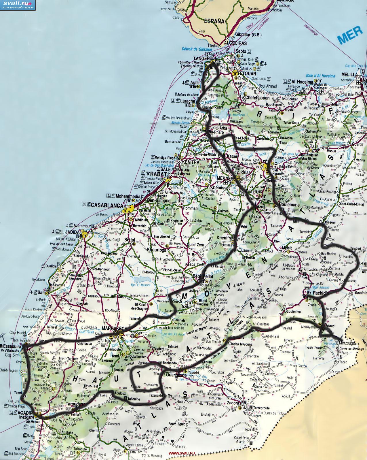 Подробная карта Марокко с автодорогами (франц.)